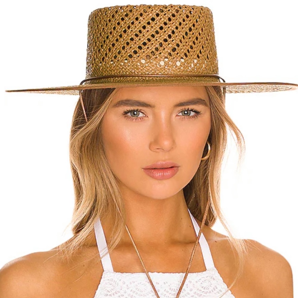 Lack of color Straw Hat “The Cesca” in brown with chin strap and bead toggle. - Picture 2 of 11